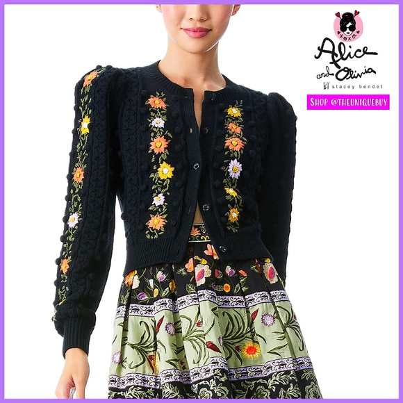 Alice + Olivia Sweaters - Alice + Olivia Kitty Floral Puff Sleeve Wool Blend Black Cardigan Sweater